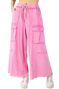 Easel Womens Utility Mineral Washed Wide Leg Cargo Pant, Bubble Gum Pink - Picture 1 of 3