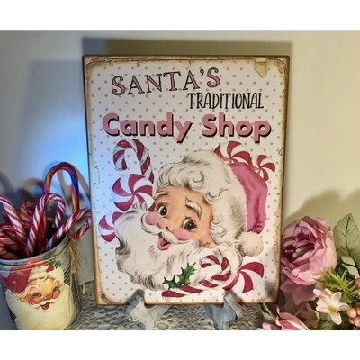 Santa's Candy Shop, Pink Christmas, RETRO Handcrafted Plaque / Sign - Image 1 of 4