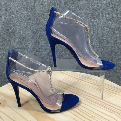 Zapatos de salón Qupid para mujer 10 cuerdas azules encaje al tobillo punta abierta tacones de aguja informales Foto 1 de 4