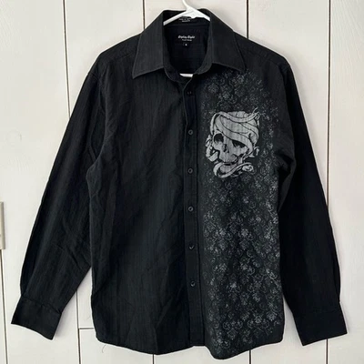 VTG Y2K Eighty Eight Platinum Men's Skull Print Button-Up Shirt Sz Small Black - Image 1 of 4