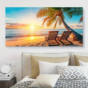 Tropical Beach Sunset Seascape Unframed Canvas Painting for Living - Picture 1 of 7
