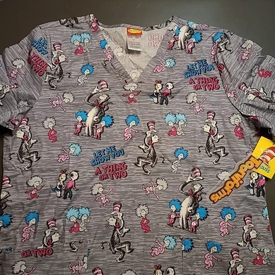 Cherokee Scrubs Shirt Nurse Tooniforms Seuss Cat In The Hat V Neck Large NEW NWT - Image 1 of 4