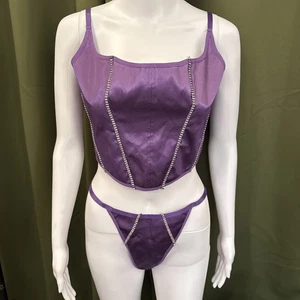 Shein Corselette And Thong Lace Set Size Large Satin Polyester Purple - Picture 1 of 5