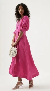 New! AJE Ennoble Dress Size 16/ US 12/ 2XL Midi In Fuchsia Pink Linen Pockets - Picture 1 of 17