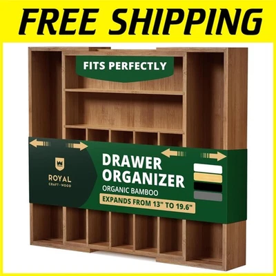 Роскошный коричневый бамбуковый выдвижной ящик органайзер - 9 слотов лоток для столовых приборов - Изображение 1 из 4