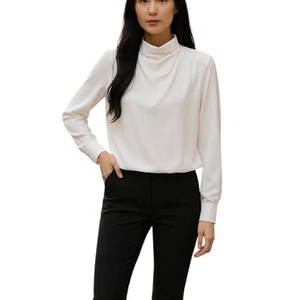 Calvin Klein White Long Sleeve Pleated Mock Neck  Zip Up Top Blouse Size Medium - Picture 1 of 7