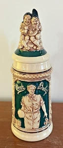 Vintage Handmade German Beer Stein Gnomes Figural Lid Man Bowling Motif - Picture 1 of 24