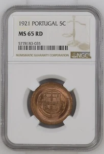Portugal: full RED GEM BU 5 centavos 1921 NGC MS65RD - Picture 1 of 2