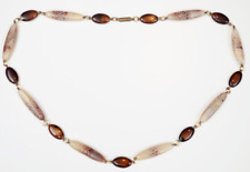Vintage Glass Necklace Brown Beaded Smoked Etched 1970s Beige Barrel Clasp 70s