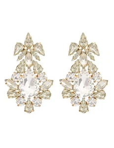 Rhinestone Pageant Statement Earrings Wedding Prom Long Gold Bridal Stud - Picture 1 of 5