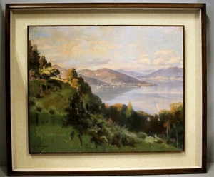 ANTICO DIPINTO OLIO TAVOLA F. Galante PAESAGGIO LAGO MAGGIORE 1944 - Foto 1 di 12
