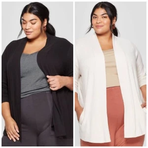 Women's Plus Size Collared Open Layering Cardigan-Ava & Viv-Beige or Black-B105 - Picture 1 of 5