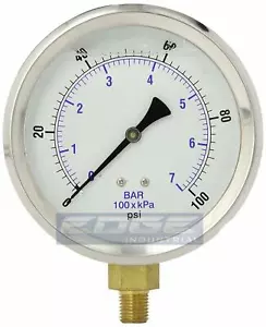 LIQUID FILLED PRESSURE GAUGE 0-100 PSI, 4" FACE, 1/4" LOWER MOUNT - Picture 1 of 2