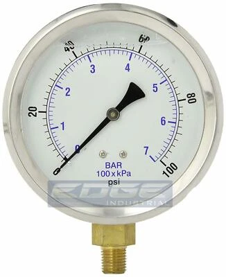 LIQUID FILLED PRESSURE GAUGE 0-100 PSI, 4" FACE, 1/4" LOWER MOUNT - Image 1 of 2
