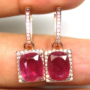 925 Sterling Silver 8 x 10 mm. Red Ruby & Zircon Earrings Rose Gold Coated - Picture 1 of 4