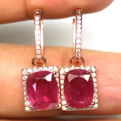 925 Sterling Silver 8 x 10 mm. Red Ruby & Zircon Earrings Rose Gold Coated - Image 1 of 4