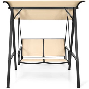 2-Seat Swing Loveseat w/ Canopy Patio Porch Steel Hanging Swing Beige Garden - Picture 1 of 6
