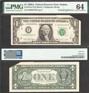 $1 1988-A FRN Fr. 1915-F Printed Fold Error PMG Ch Unc 64 - Picture 1 of 3