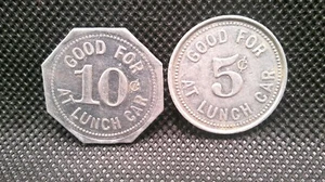 Aluminium Trade Tokens One 10Cent & One 5Cent - Gut zum Mittagessen Auto beide Seiten gleich - Bild 1 von 2