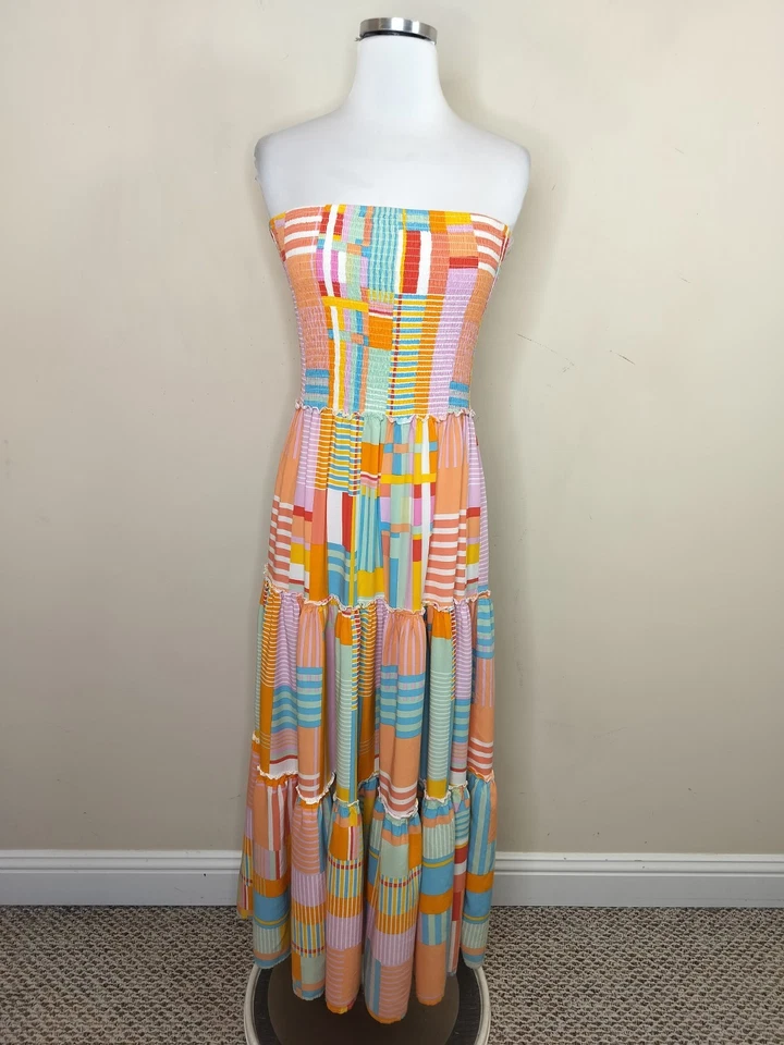 Maxi Vestido Abel The Label Sin Tirantes M Mediano Niveles Calado Bloques de Color Geo Foto 1 de 4