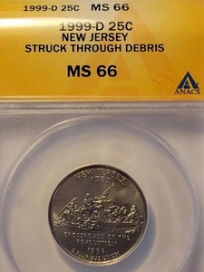 1999 D 25C STATE QUARTER NEW JERSEY  ANACS MS 66, STRUCK THRU DEBRIS   - Picture 1 of 4