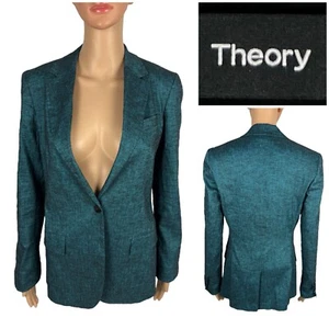 Theory Womens 2 Staple Blazer Jacket Green Linen Blend Eco Sharkskin Casual - Picture 1 of 12