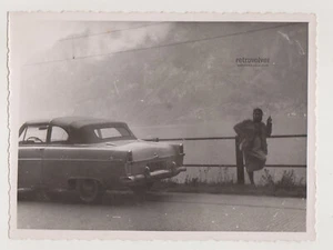 1950s Woman Posing by Opel on Misty Mountain Road Vintage Roadside Mood Photo - Picture 1 of 7