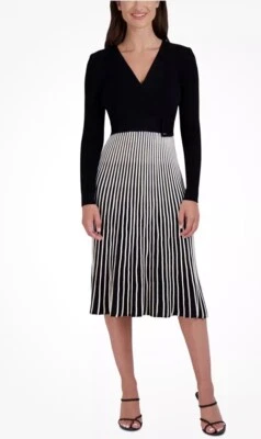 Robbie Bee Two-Tone Belted Sweater Dress Black/White Womens Size: PM Long Sleeve - Image 1 of 4