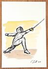 CHRIS ZANETTI Original Watercolor Painting FENCING Sports Figure 6"x4 Signed Art
