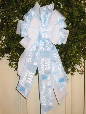 BLESSING BABY BOY WIRED BOW / DOOR WREATH MAILBOX SWAG FENCE # 36 - Image 1 of 4
