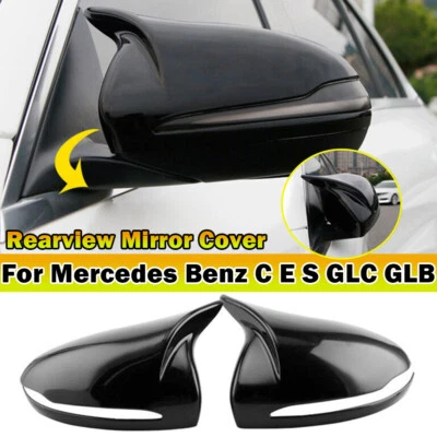 Gloss Black OX Horn Rearview Mirror Cover For Mercedes Benz C E S GLC GLB - Image 1 of 4