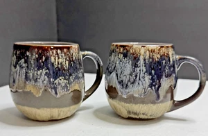 Pair of Oversized, Drip Glaze Coffee Mug Blue/Tan/Gray 16 oz Set Of 2 Mugs - Picture 1 of 16