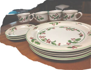 vintage White Christian christmas Holly Plates And Mug Set
