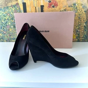 MiuMiu By Prada Classic Suede Peep Toe Heels - Picture 1 of 8