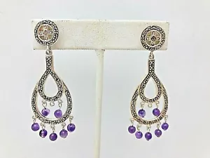 Sterling Silver .925 ~ 3/4" x 2 1/4" ~ Marcacite Amethyst Drop Earrings - Bild 1 von 8