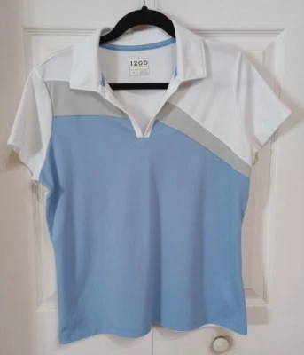 IZOD Golf Para Mujer Polo Pullover Cuello en V Manga Corta Azul Gris Blanco Talla L Foto 1 de 4