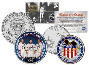 Juego de 2 monedas APOLLO 16 MISIÓN ESPACIAL cuarto de dólar estadounidense y medio dólar JFK NASA ASTRONAUTAS - Imagen 1 de 1