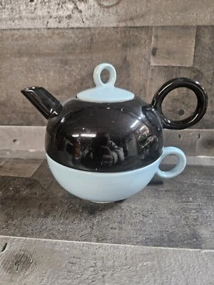 Tea For One Cerámica Negro y Azul Cafetera/Tetera y Taza Individual Foto 1 de 4