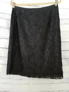 Ann Taylor Black Skirt 12 Lace Overlay Beaded knee Length zip back walking slit - Picture 1 of 7
