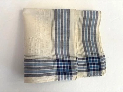 VINTAGE 1940s MENS HANDKERCHIEF PLAID EDGING IN BLUE ON OFF WHITE COTTON NEW - Image 1 of 3