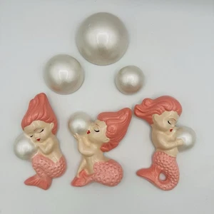 Mermaid BABIES Chalkware Kitsch Wall Plaque Kitschy VTG Style Bubbles Peach - Picture 1 of 2