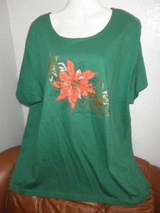 NWT Ladies CRAZY SHIRT, Green Short Slv Xmas Holiday Top, Poinsettia, Plus XXL - Picture 1 of 1