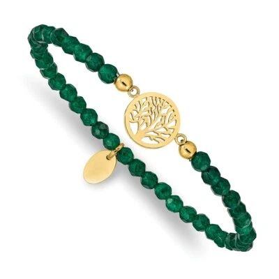 Brazalete elástico de jade verde IP árbol de la vida amarillo pulido de acero inoxidable Foto 1 de 3