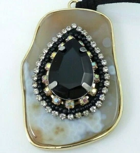 Vintage Agate Gemstone Pendant Cord Necklace AB Rhinestones Black Lucite Gold - Picture 1 of 12