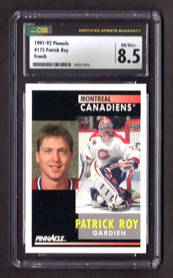 1991-92 Pinnacle French #175 Patrick Roy Canadiens HOF New CSG Grade 8.5 NM/MT+ - Image 1 of 2