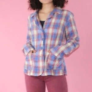 Flax 100% Linen Plaid Blazer with Pockets Blue Red Medium - Picture 1 of 5