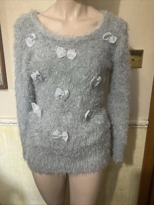 QUIZ long Fur type L/ Sleeve Grey Jumper +  Bows Size 12-14 - Image 1 of 4