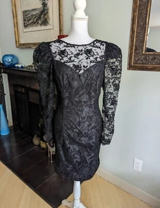 Vintage 80s Black Lace Sheer Sleeve Puff Shoulder Dress Small/Medium Wednesday  - Picture 1 of 14