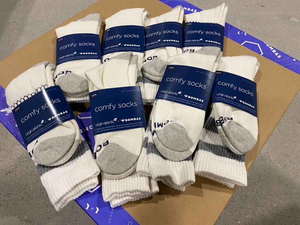 [8 Pairs] Bombas x Virgin Atlantic Vintage Stripe Calf Sock - White/Grey Large - Image 1 of 1