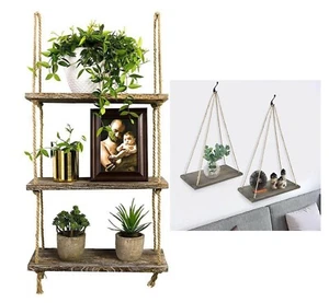 Wooden Hanging Rope Shelf Rustic Handmade Solid Floating Shelves Home Decoration - Picture 1 of 18